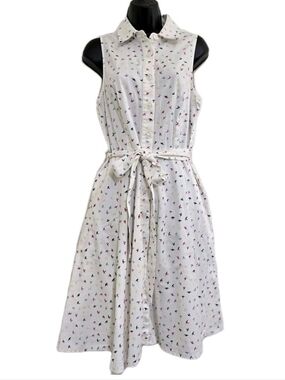 CHETTA B size 12 Bird Print A Line Sleeveless Button Down Belted Dress White